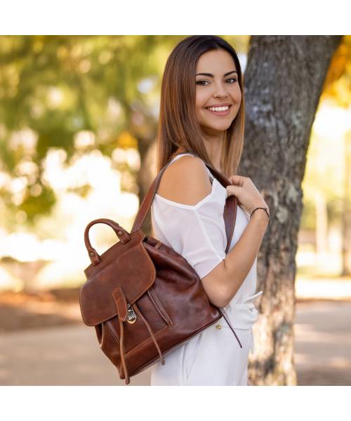 brown leather backpack