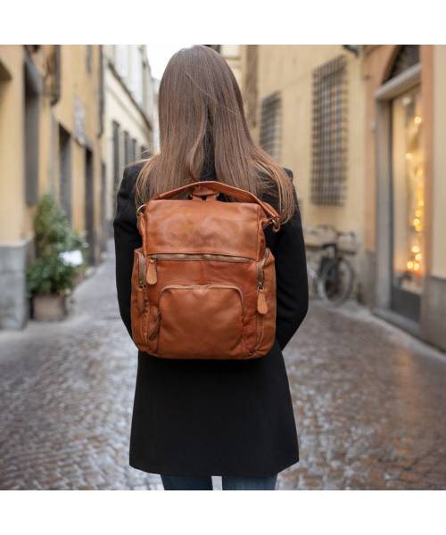 tan leather backpack